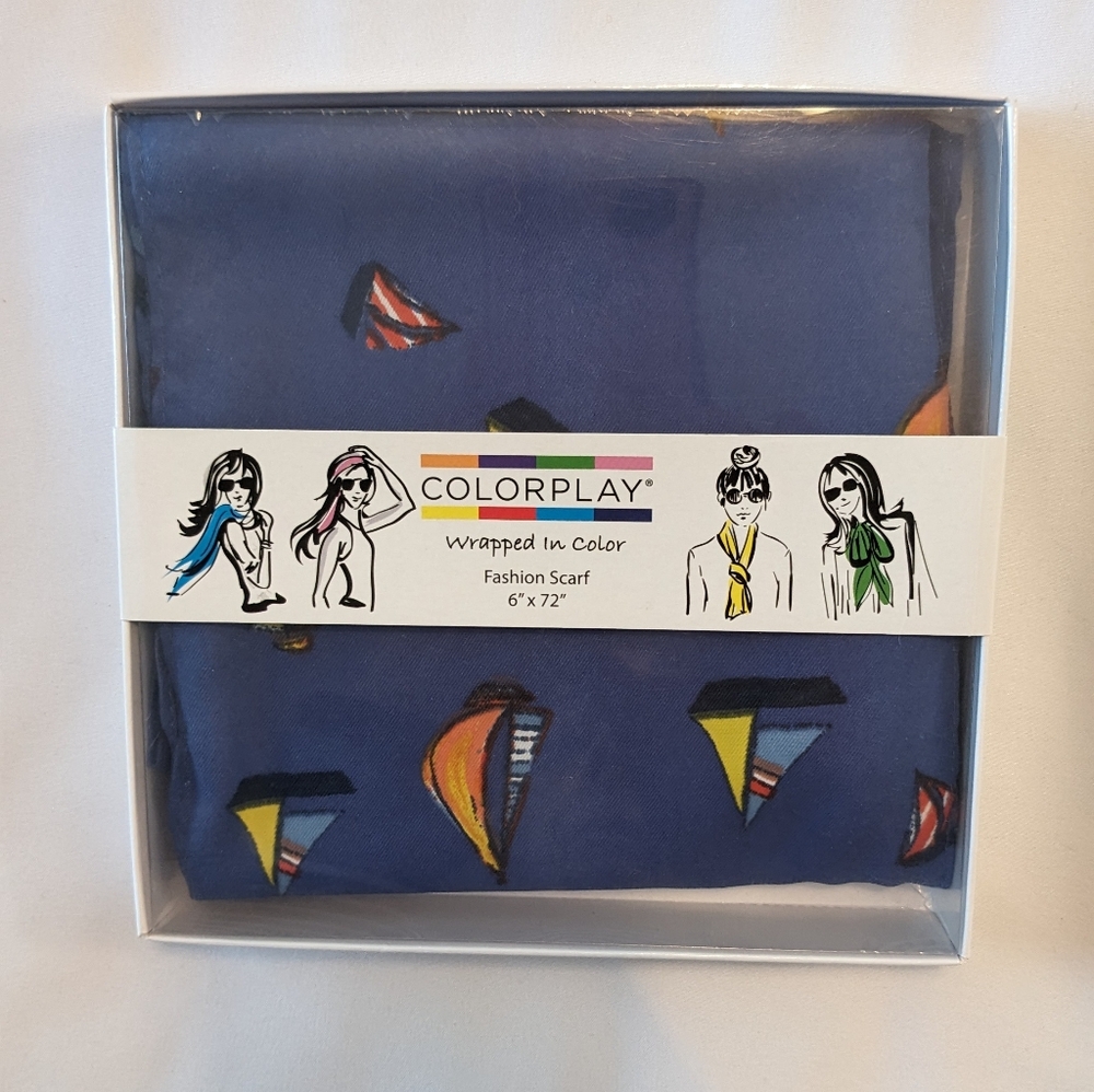 ColorPlay Womens Scarf Sailboats Print Versatile 6” X 72” Navy Blue Boxed